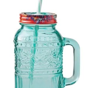 The Pioneer Woman Teal Glass Mason Jar with Floral Lid 32 OZ